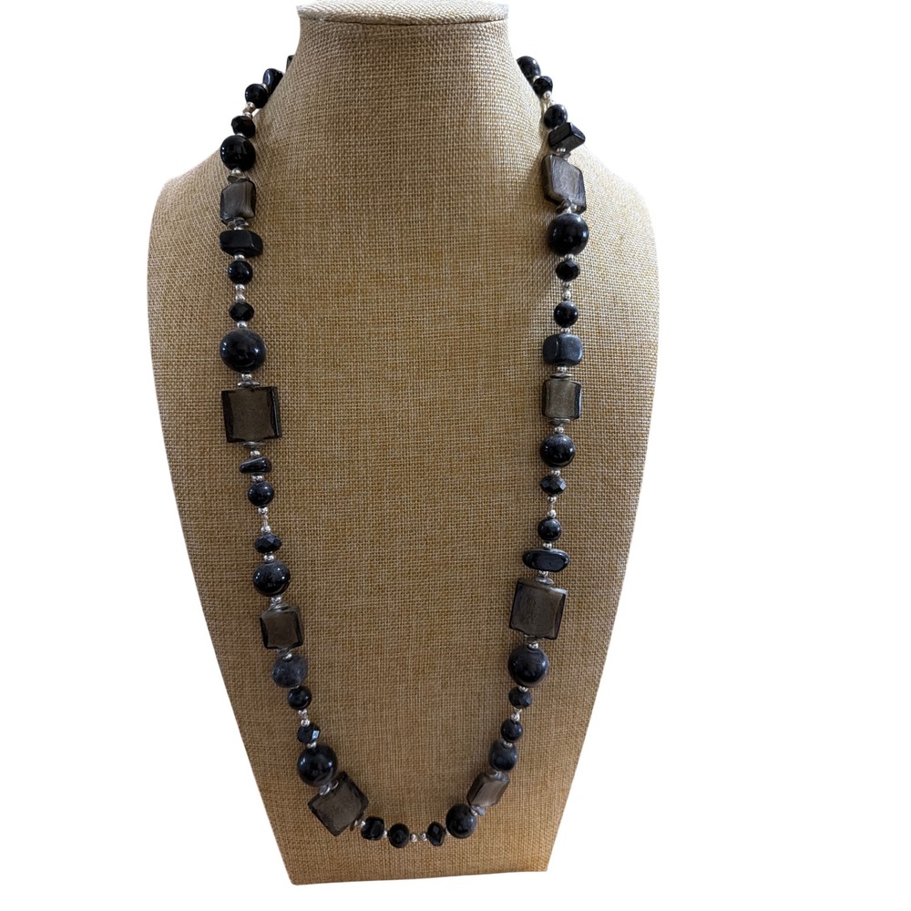 Long Geometric Beaded Necklace Black Grey Square Round Beads Long Layering